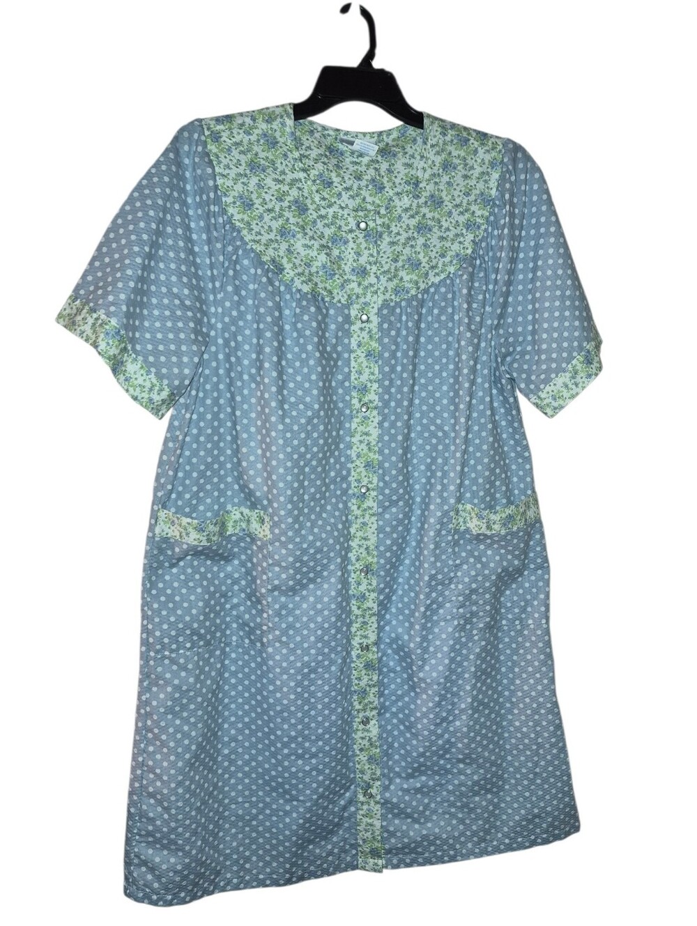 vintage National brand house coat features a light blue polka dot pattern combin